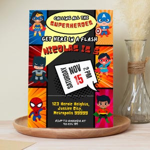 Superhero Birthday Invitation, Editable Template, Digital Download, Comic Book Party Invite, Boys & Girls Superhero Theme,  Instant Download