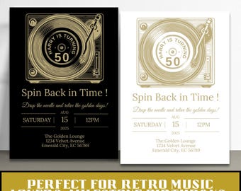 Spin Back in Time Retro Vinyl Record Birthday Invitation, Editable Canva Template, Music-Themed 5x7” Digital Download for Any Age Milestone