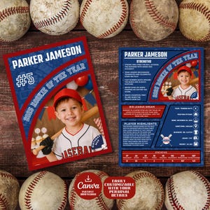 Custom Rookie of the Year Baseball Card, Birthday Stat Card, Printable & Editable Template, Baseball Theme Birthday Decor, Player Card Favor