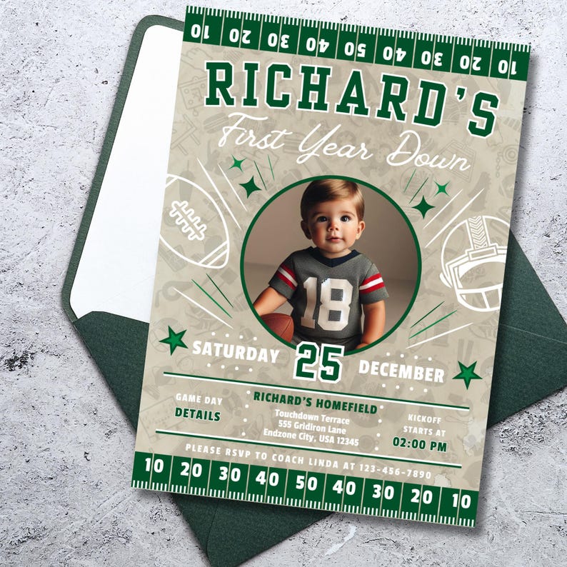 Eerste verjaardagsuitnodiging voetbal | Digitale download van 5 x 7 inch | Eerstejaars dons | Uitnodiging touchdown-verjaardagsfeestje | 1e verjaardagsuitnodiging afbeelding 2