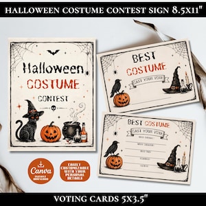 May include: A Halloween costume contest sign and two voting cards featuring illustrations of a black cat, a crow, pumpkins, a witch hat, and a cauldron. The text reads Halloween Costume Contest, Best Costume, Cast Your Vote, and various categories.