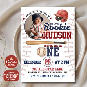 Faire-part de premier anniversaire de baseball modifiable | Invitation anniversaire recrue de l'année | Modèle de toile | 1er anniversaire imprimable | Carte photo