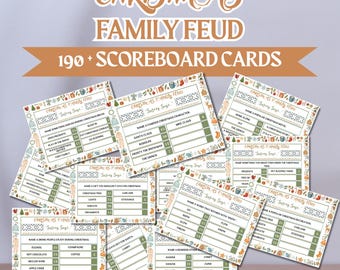 May include: A collection of Christmas Family Feud game cards. The cards feature festive borders with holiday-themed illustrations and text prompts. The game includes over 190 scoreboard cards for a fun holiday activity.