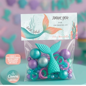 Mermaid Party Favor Bag Topper | Canva Editable Template | Printable Splish Splash Under the Sea Goodie Bag Tag | Digital Instant Download