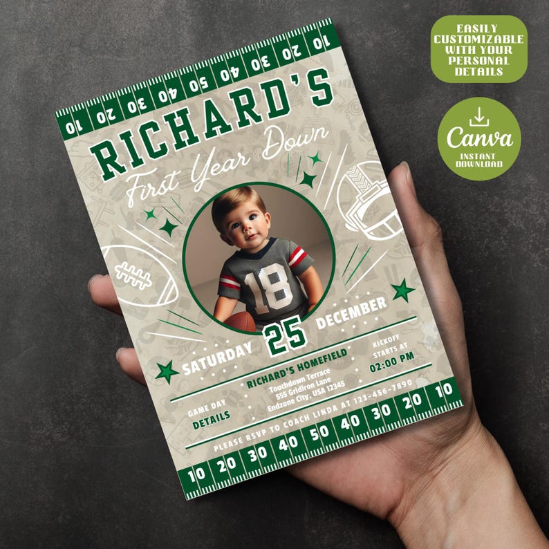 Eerste verjaardagsuitnodiging voetbal | Digitale download van 5 x 7 inch | Eerstejaars dons | Uitnodiging touchdown-verjaardagsfeestje | 1e verjaardagsuitnodiging afbeelding 1
