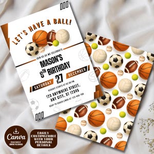 Bearbeitbare Sport-Geburtstags-Einladung, Let's Have a Ball Sport-Party einladen, Football, Baseball, Fußball, Tennis, Vollyball, Allstars einladen