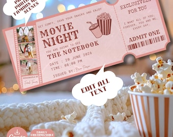 Op de afbeelding: Een roze bioscoopkaartje met de tekst "Movie Night" en "The Notebook". Het kaartje bevat een popcorn- en drankafbeelding en de tekst "Voeg privéfoto's of beroemde filmscènes in". Een popcorncontainer staat op de achtergrond.