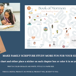 May include: The image features a family reading a book and a reading chart titled "Book of Mormon Kids Reading Chart." The chart has a winding path with illustrations. A dark blue book with gold lettering, "The Book of Mormon," is also shown. The text says, "Make family scripture study more fun for your kids!"