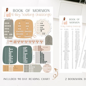 May include: A digital download featuring a 90-day Book of Mormon reading challenge chart and two bookmark designs. The chart includes a start here section, with days marked in circles. The bookmarks have a floral design and the text "Book of Mormon".