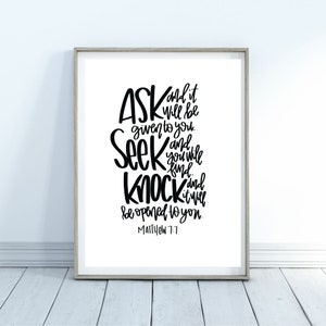 Matthew 7:7 Handlettered Digital PDF Scripture Print, varying sizes