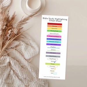 May include: A colourful cheat sheet for Bible study highlighting, with categories such as Warning, Instruction, Worship/Faith, Historical Events, People and Places, Promises of God, Character of God, Jesus Christ, Prophecy, Salvation, Holy Spirit, Satan/Enemy, Pray/Prayer, Grace, Gospel, Covenant, Israel, Heaven, and Law. The sheet includes a website address at the bottom: www.michellerabon.com.