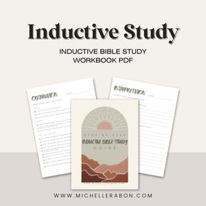 May include: A printable guide for inductive Bible study with a step-by-step guide, observation, and interpretation sections. The guide features a minimalist design with a sun and mountains in shades of brown, pink, and beige.