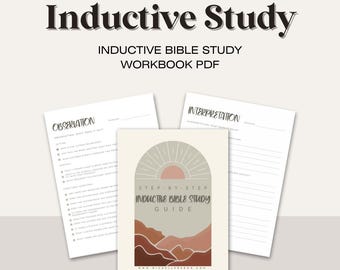 May include: A printable guide for inductive Bible study with a step-by-step guide, observation, and interpretation sections. The guide features a minimalist design with a sun and mountains in shades of brown, pink, and beige.