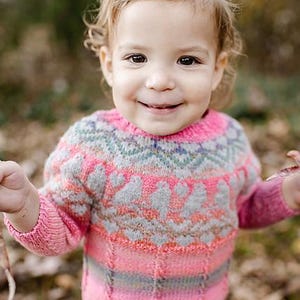 May include: A smiling child wearing a pink, gray, and blue knit sweater. The sweater features a patterned design across the chest and shoulders. The child is wearing blue jeans and is holding a leaf.