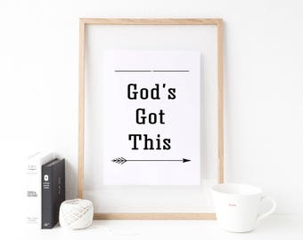 God's Got This Printable, Christian Word Art, Monochrome Print Minimalist Wall Decor, Inspiring College Dorm Boy Girl Teen Room