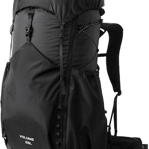 May include: Black backpack with the text "VOLUME 55L". The backpack has multiple compartments, adjustable straps, and a top flap. The backpack is designed for outdoor activities and travel.