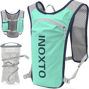 May include: A turquoise running hydration pack with a mesh back panel and a large front pocket with the word "INOXTO" printed on it. The pack has adjustable straps and a hydration bladder.