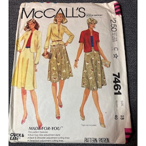 May include: A McCall's 7461 sewing pattern envelope for size 18, bust 40. The front displays three illustrations of outfits featuring jackets and skirts with floral patterns. Text includes 'Quick & Easy', 'Made-For-You', and 'Tops not included'.
