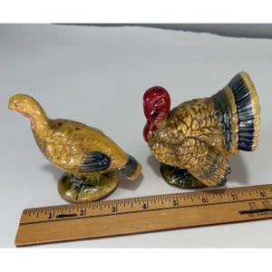 May include: A pair of ceramic turkey salt and pepper shakers. One turkey is standing, the other is sitting. The turkeys are yellow, brown, red, and blue. The shakers are on a green base. A wooden ruler is in the foreground.