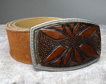 Size 38 1973 Handcrafted Brown Floral Leather Belt Intricate Buckle by Gonys Size 38 1973 Handcrafted Brown Floral Leather Belt Intricate  main image 2
