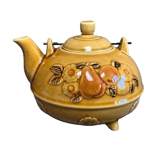 Vintage Japanese 70s Three-Toed Teapot With Fruit & Flower Design