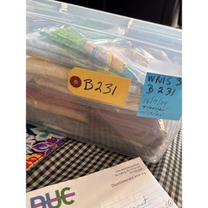 May include: A clear plastic storage container filled with folded fabric. A yellow tag with "B231" is attached. A blue sticky note with "WRIIS 3 B231" and dates is also visible. The container sits on a black and white checkered surface.