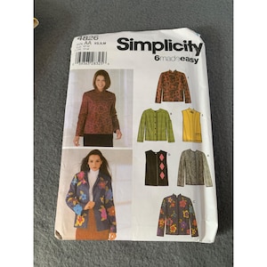 May include: Simplicity 6 made easy sewing pattern number 4826 for jackets. The pattern includes five different styles of jackets, including a leopard print jacket, a green jacket, a yellow jacket, a black and white diamond patterned vest, and a floral print jacket. The pattern is for sizes XS, S, M.