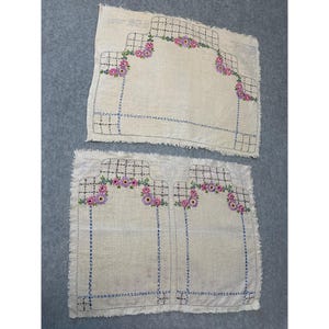 Vintage Hand-Embroidered Linen Doilies with Floral Design Unfinished Edges Set of 3