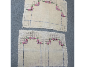 Vintage Hand-Embroidered Linen Doilies with Floral Design Unfinished Edges Set of 3
