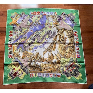 Vintage 1970s Map Scarf of Europe Landmarks Flags 28&quot;x28&quot; Rayon Square