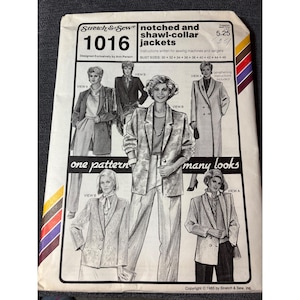 May include: A vintage sewing pattern for notched and shawl-collar jackets, featuring illustrations of different jacket styles. The pattern, designed by Ann Person, includes bust sizes 30-46. The text "one pattern, many looks" is visible.