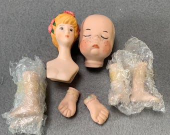 Mangelsens Porcelain Doll Head & Limbs Set Blonde Hair Floral Detail Crafting