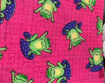 Pink Cotton Fabric 18x22" Green Frogs on Blue Mushrooms Sewing Quilting
