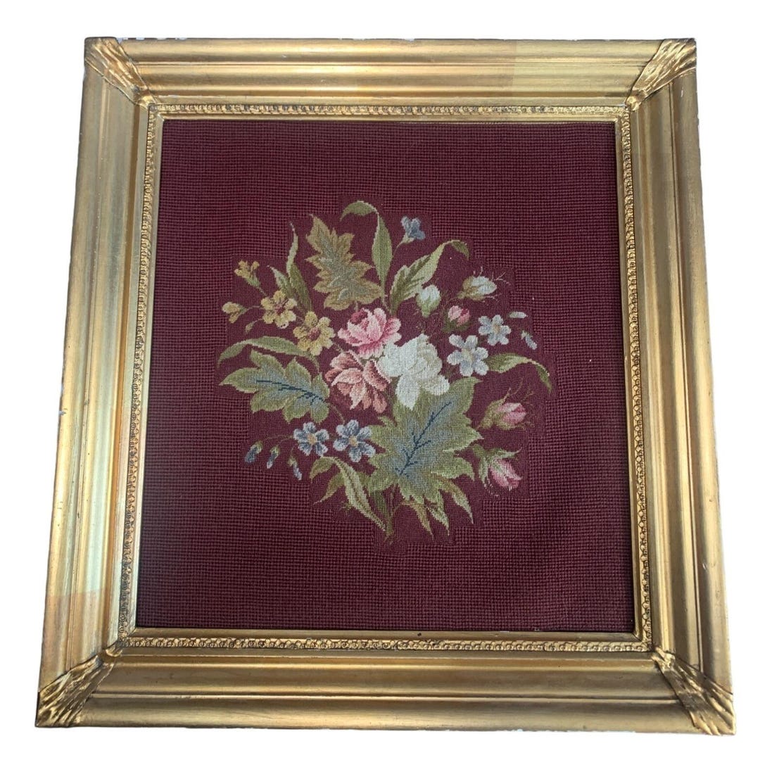 Floral Needlepoint in Gold Frame 20"x19" - Wall Art for Home Decor Vtg ...
