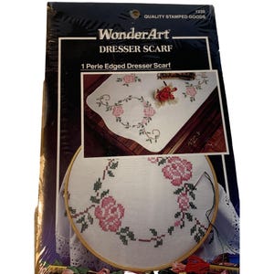 Wonderart Rose Circle Stamped Cross Stitch Dresser Scarf Kit 15"x42" Perle Edged - Etsy Wonderart Rose Circle Stamped Cross Stitch Dresser Scarf Kit 15"x42" Perle Edged - Etsy