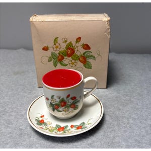 Avon Strawberry Porcelain Demi-Cup & Saucer w/ 22K Gold Trim Strawberry Fragrance Candlelette 1978