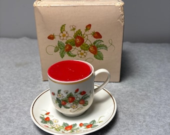 Avon Strawberry Porcelain Demi-Cup & Saucer w/ 22K Gold Trim Strawberry Fragrance Candlelette 1978