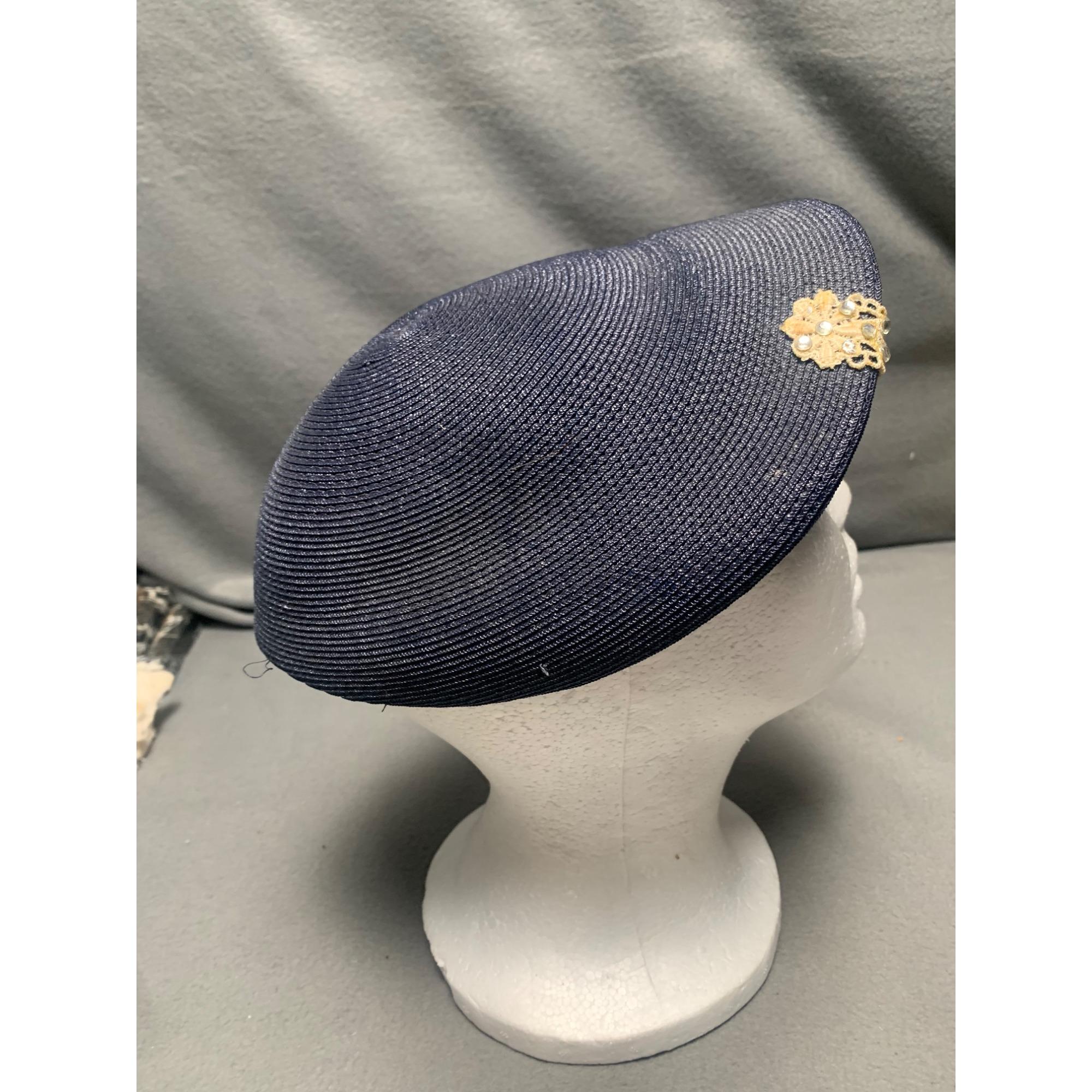 Vintage 1960s Navy Blue Velvet & Straw Hat With Gold 