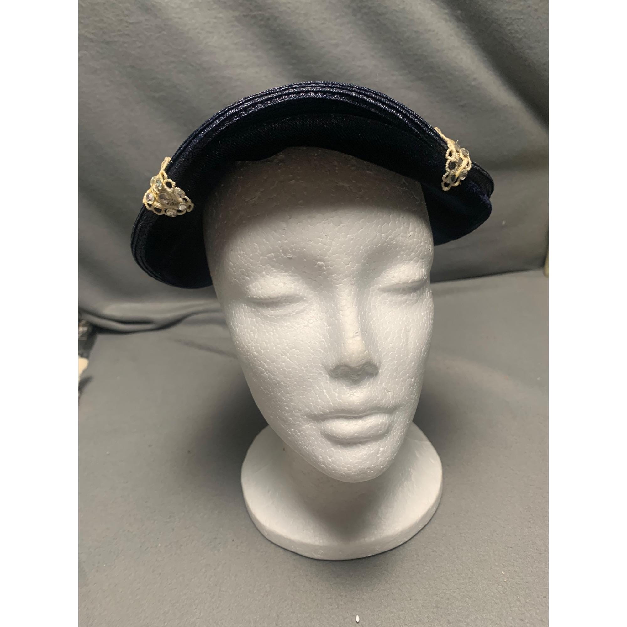 Vintage 1960s Navy Blue Velvet & Straw Hat with Gold Embellishments Adjustable Vintage 1960s Navy Blue Velvet & Straw Hat With Gold  main image 2