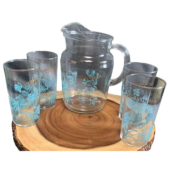 Hazel Atlas Depression Glass Pitcher Glass Set 1930s Blue Floral