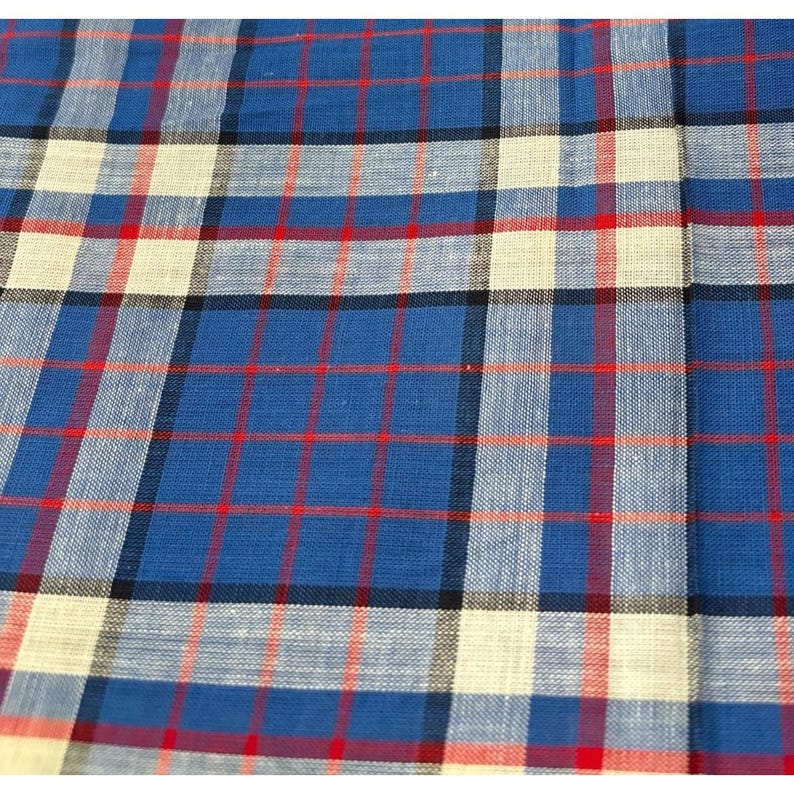 Blue Plaid Cotton Fabric 1/2 Yard X 36