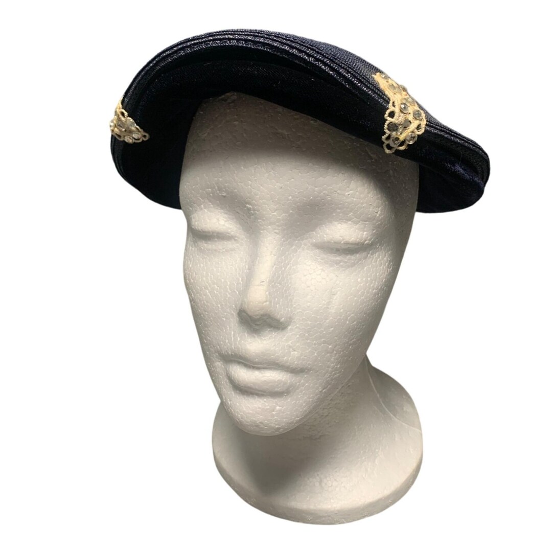 Vintage 1960s Navy Blue Velvet & Straw Hat With Gold  display picture 1