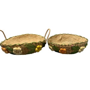 Handwoven Floral Straw Baskets With Handles & Bright Accents 70s