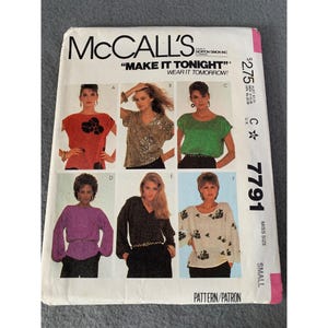 May include: A sewing pattern for six different tops, with illustrations of each style. The pattern is for a miss size small and is called "Make It Tonight" by McCall's. The pattern number is 7791.