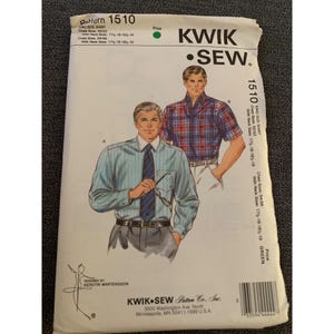 May include: A Kwik Sew sewing pattern, pattern 1510, for a king-size shirt. The cover features illustrations of men's shirts, including a blue striped shirt with a tie and a plaid short-sleeve shirt. The pattern includes chest sizes 50-52 and 54-56.