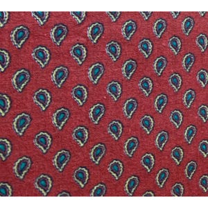 Pode incluir: Close-up de um tecido vermelho com um padrão paisley repetido. Cada forma paisley apresenta detalhes em turquesa, amarelo e roxo. O tecido tem uma aparência texturizada, sugerindo um material tecido.