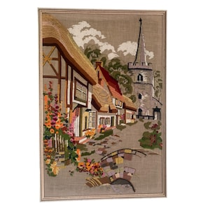 Crewel Embroidered Village Scene Framed Wall Art 34" x 22" Vintage Decor