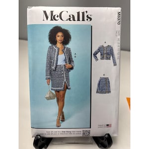 May include: McCall's sewing pattern M8370 featuring a tweed jacket and skirt ensemble. The pattern includes a jacket with a collar and a button-down skirt with a front slit. The package shows a woman wearing the outfit. Size A5 (6-8-10-12-14).