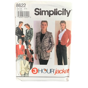 May include: Simplicity sewing pattern for a 3-hour jacket. The pattern envelope features illustrations of various jacket styles, including a red blazer, a patterned jacket, and a cream-colored jacket. The envelope has the number 8622.