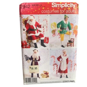May include: Simplicity costume pattern for adults, size BB-L/XL. The pattern features four Christmas costume designs: Santa Claus, an elf, a Victorian Santa, and a Mrs. Claus. The pattern includes the price of $16.95.